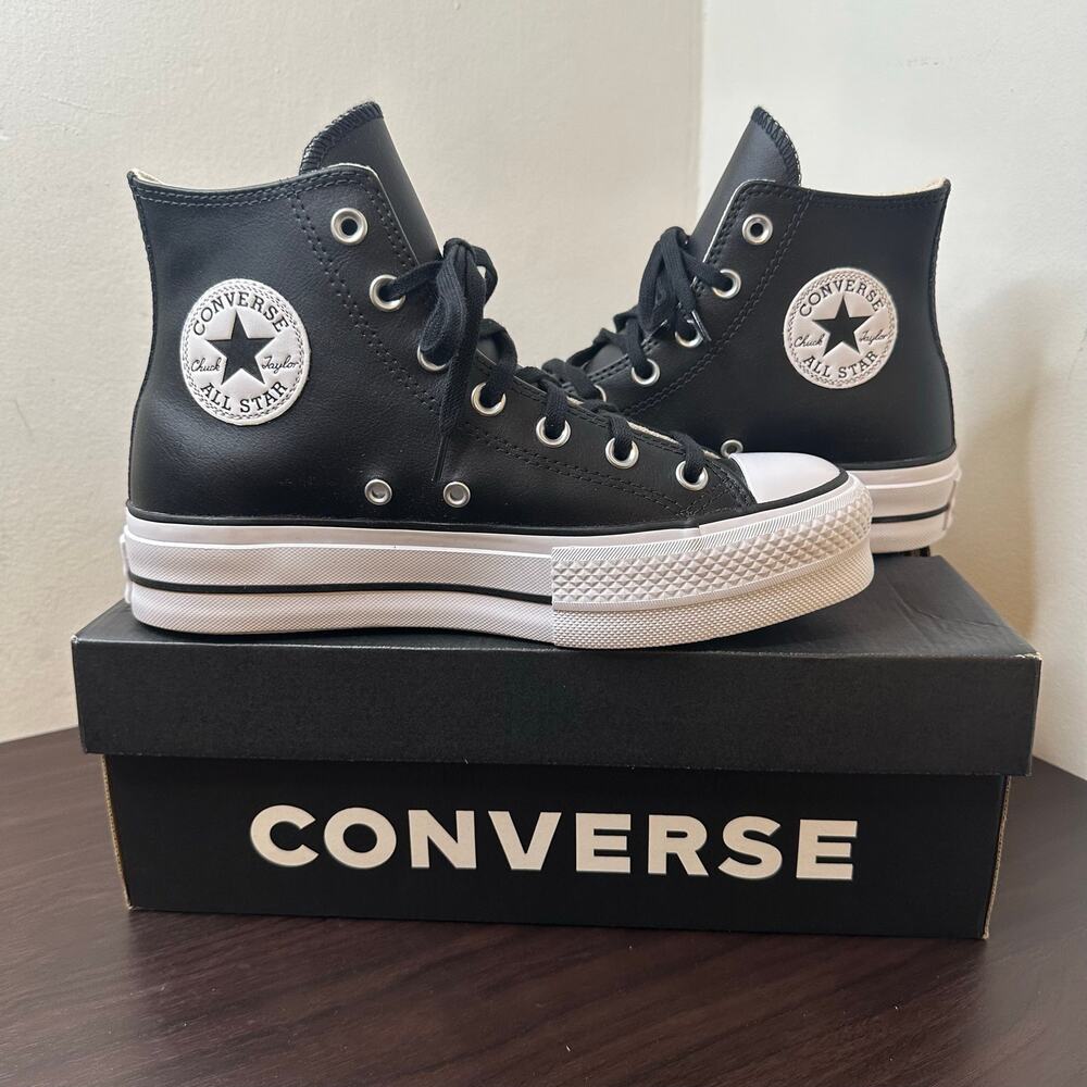Converse Chuck Taylor All Star Black Leather High-Top Platform Sneakers Goth 7.5